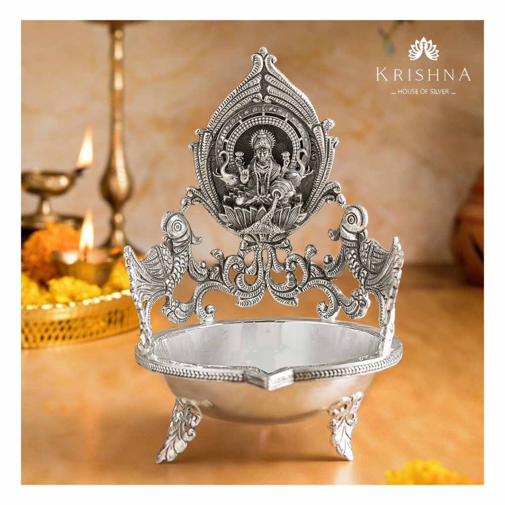 Buy Pure Silver coted Lakshmi Diya for Gift, Silver Diya for Pooja, Silver  coted Diya Lamps for Home, Silver Gift Item, Housewarming and Diwali Gift  with Potli Bag Online at Low Prices