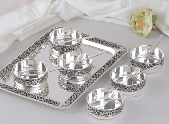 Silver Tray With Bowls & Spoons
