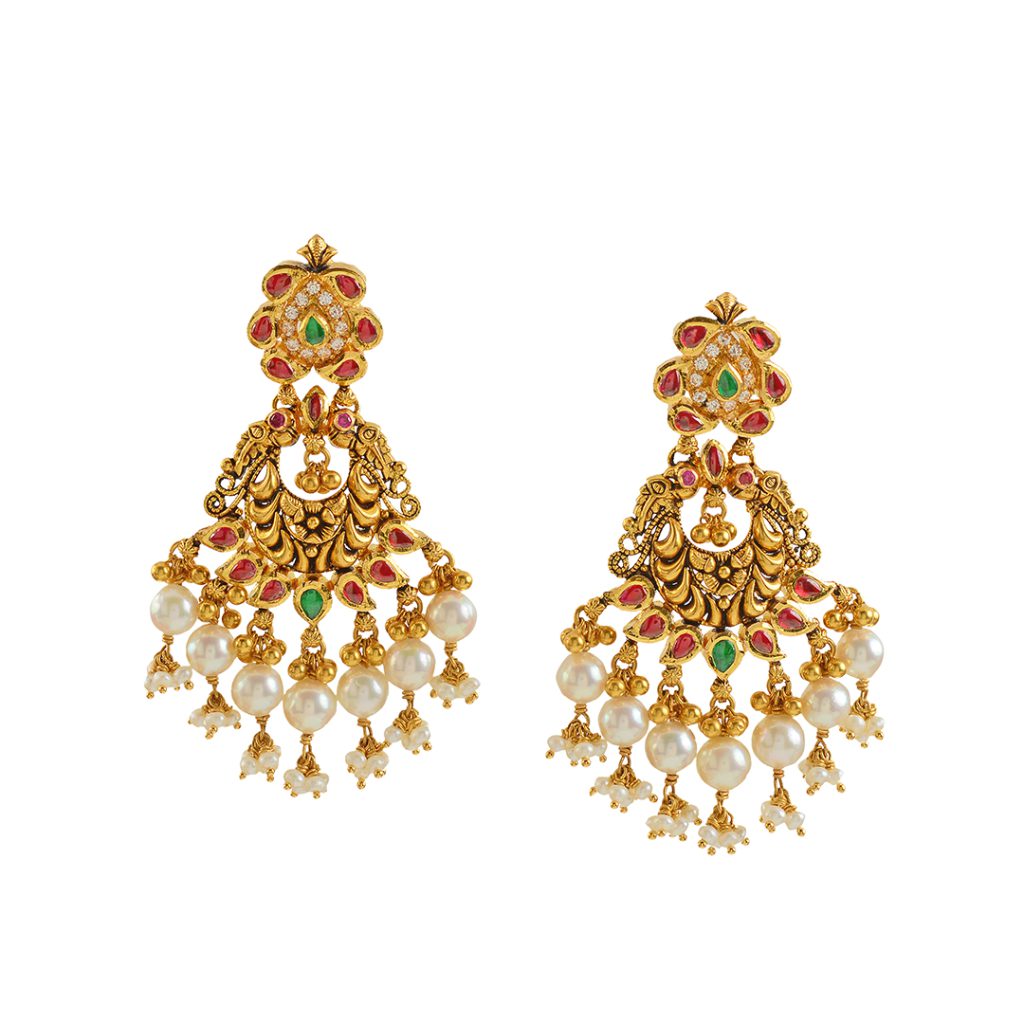 Buy Gold Chandbali Earrings with Hanging Pearls at Krishna Jewellers