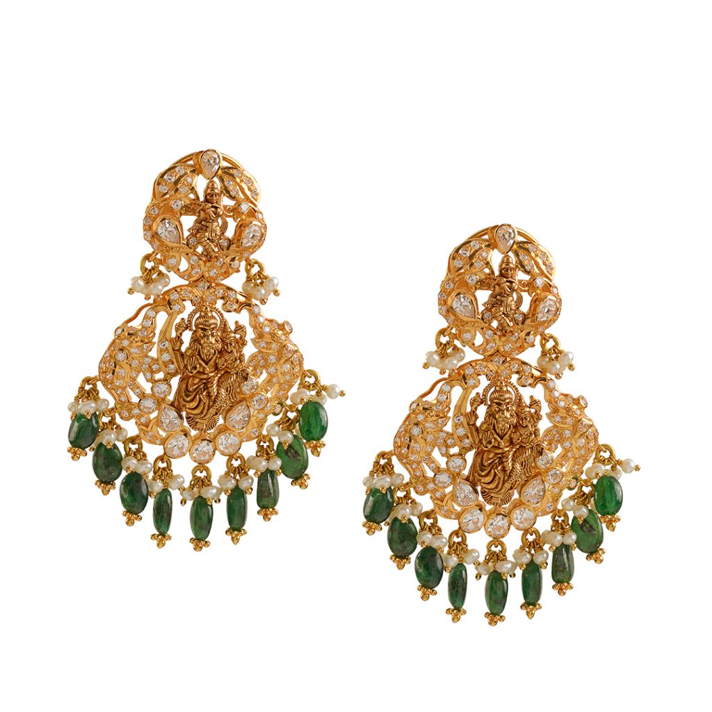 Shop Gold Chandbali Earrings with Emerald Beads at Krishna Jewellers