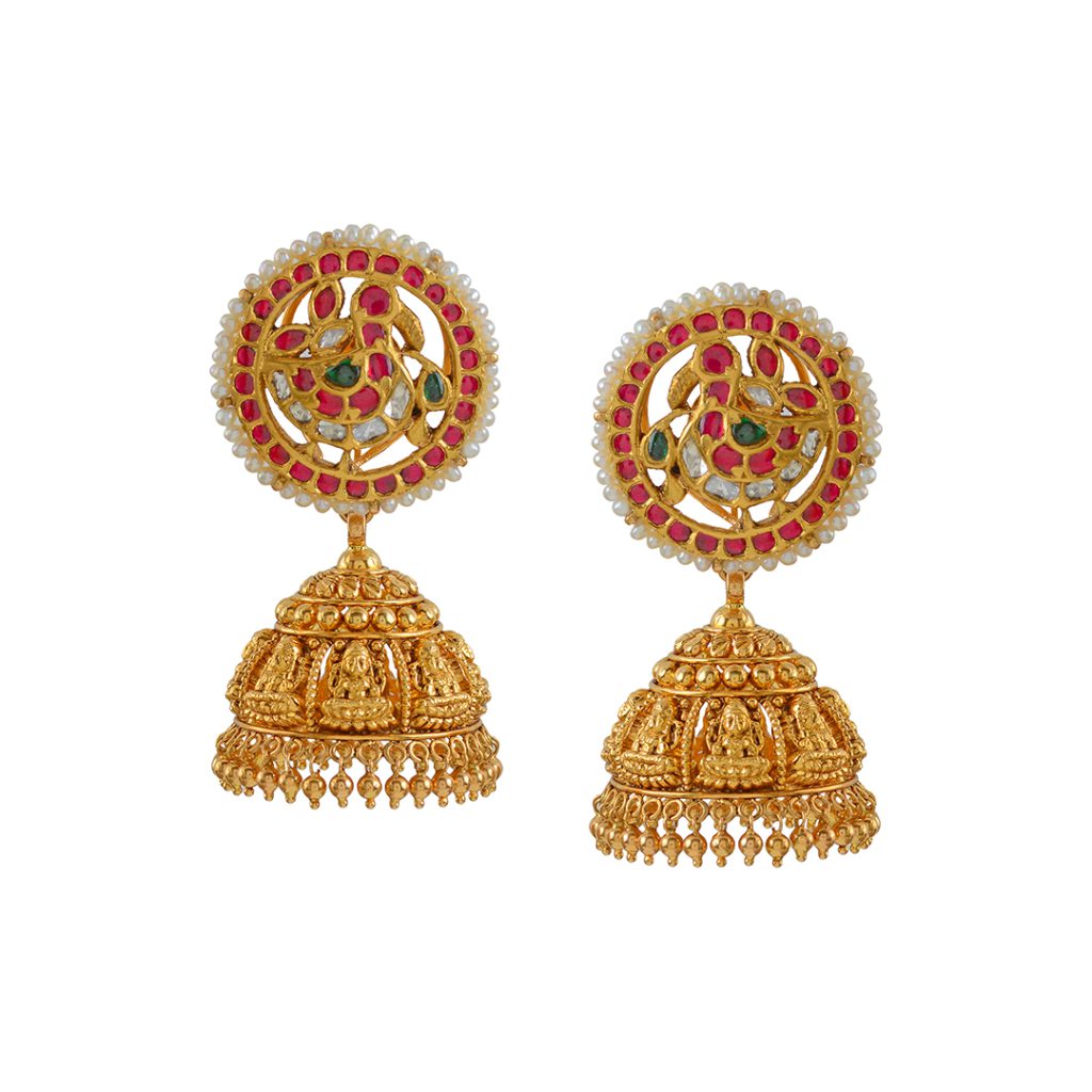 Buy Gold Jumka Earrings with Nakshi-Kundan Work at Krishna Jewellers